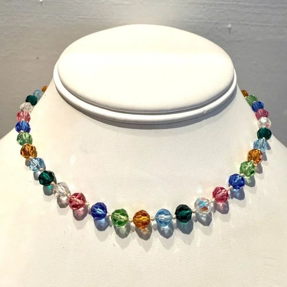 Antique Faceted Austrian Crystal 14K Clasp Hand Knotted Silk Choker Necklace Mul